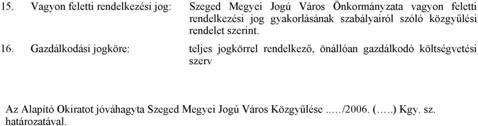 Gazdálkodási jogköre: teljes jogkörrel rendelkező, önállóan gazdálkodó költségvetési szerv