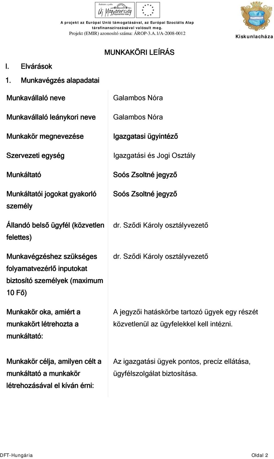 Munkavégzéshez szükséges folyamatvezérlő inputokat biztosító személyek (maximum 10 Fő) Munkakör oka, amiért a munkakört létrehozta a munkáltató: Galambos Nóra Galambos Nóra Igazgatasi ügyintéző