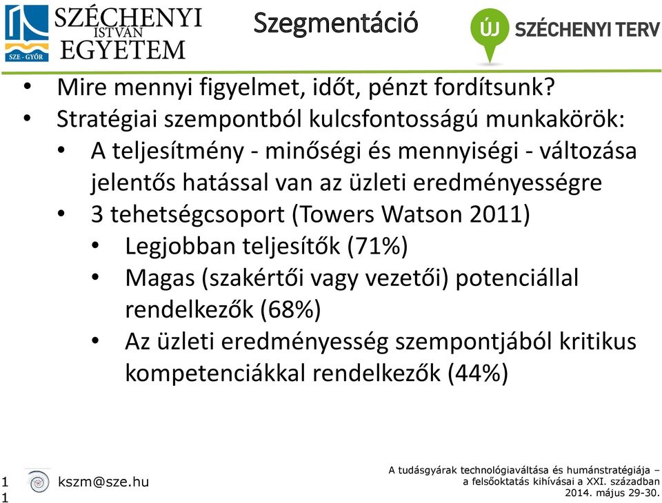 jelentős hatással van az üzleti eredményességre 3 tehetségcsoport (Towers Watson 2011) Legjobban teljesítők