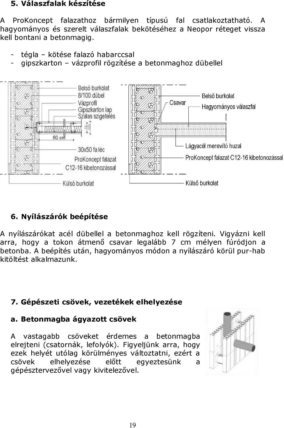 Vigyázni kell arra, hogy a tokon átmenő csavar legalább 7 cm mélyen fúródjon a betonba. A beépítés után, hagyományos módon a nyílászáró körül pur-hab kitöltést alkalmazunk. 7. Gépészeti csövek, vezetékek elhelyezése a.