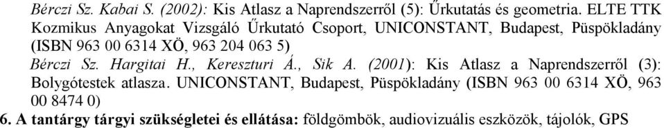 063 5) Bérczi Sz. Hargitai H., Kereszturi Á., Sik A. (2001): Kis Atlasz a Naprendszerről (3): Bolygótestek atlasza.