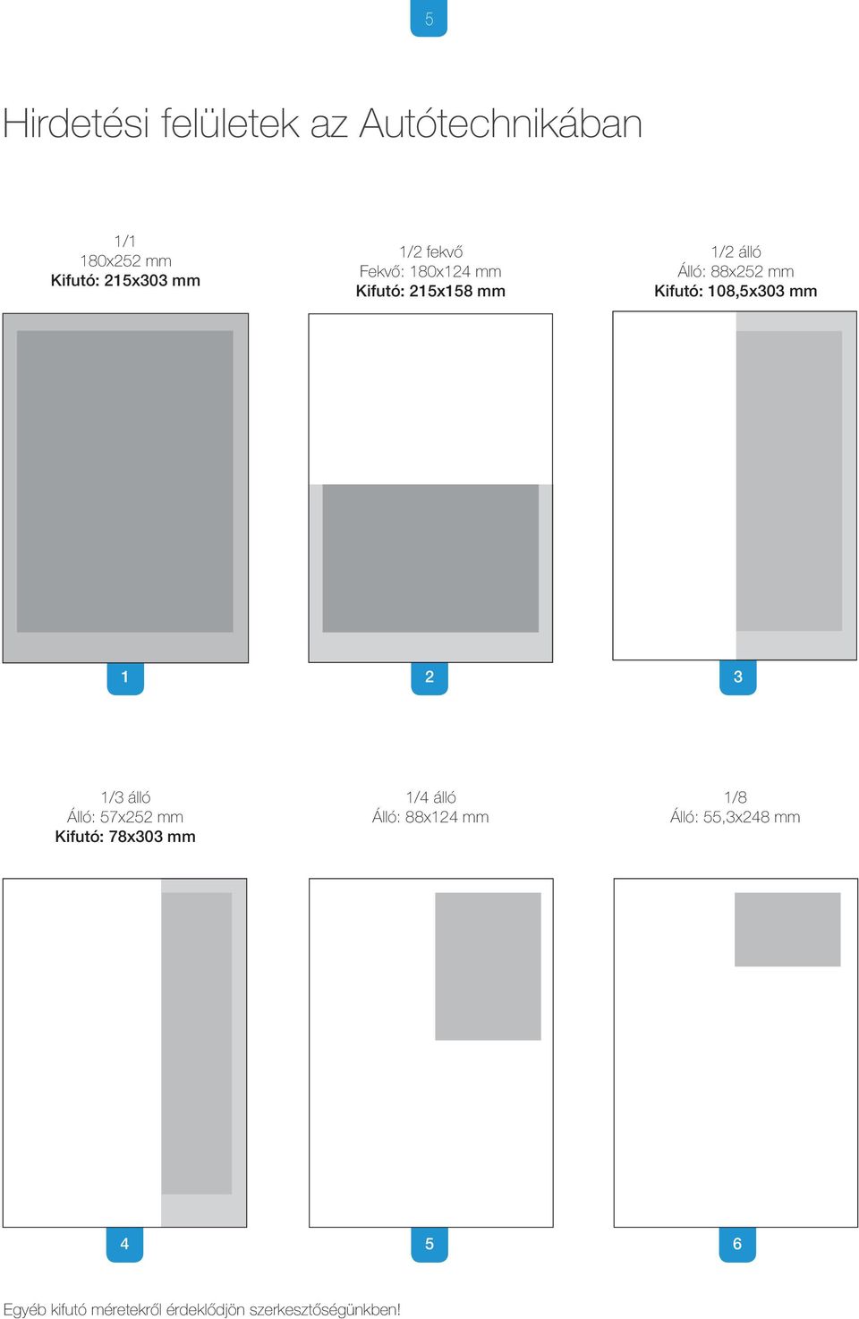 108,5x303 mm 1 2 3 1/3 álló Álló: 57x252 mm Kifutó: 78x303 mm 1/4 álló Álló: