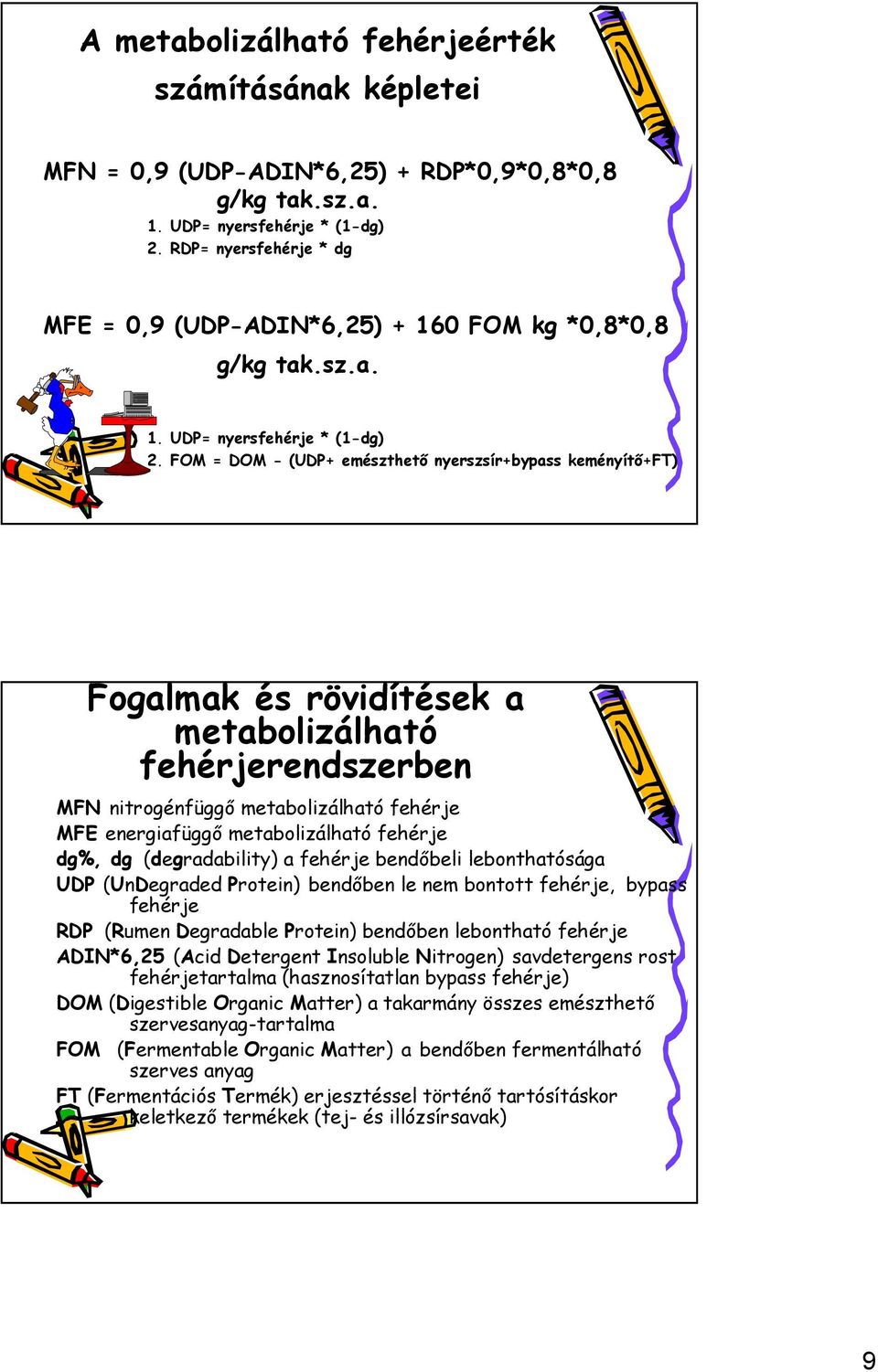 FOM = DOM - (UDP+ emészthető nyerszsír+bypass keményítő+ft) Fogalmak és rövidítések a metabolizálható fehérjerendszerben MFN nitrogénfüggő metabolizálható fehérje MFE energiafüggő metabolizálható