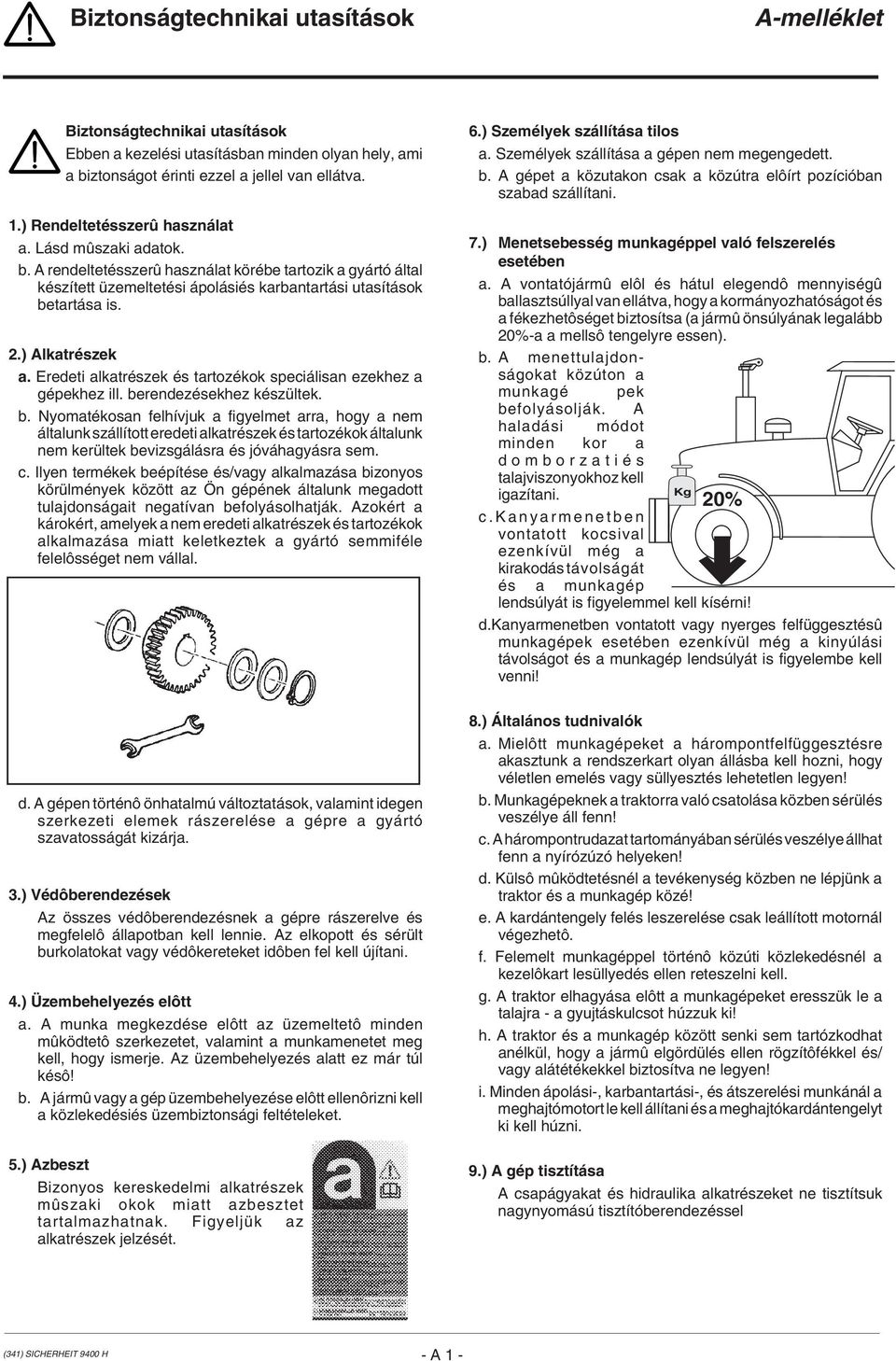 ) Alkatrészek a. Eredeti alkatrészek és tartozékok speciálisan ezekhez a gépekhez ill. be