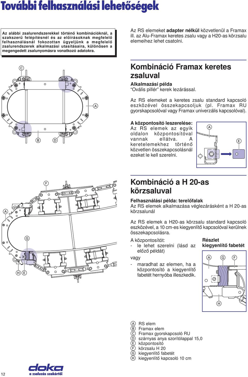 az Alu-Framax keretes zsalu vagy a H20-as körzsalu elemeihez lehet csatolni. Kombináció Framax keretes zsaluval Alkalmazási példa Ovális pillér kerek lezárással.