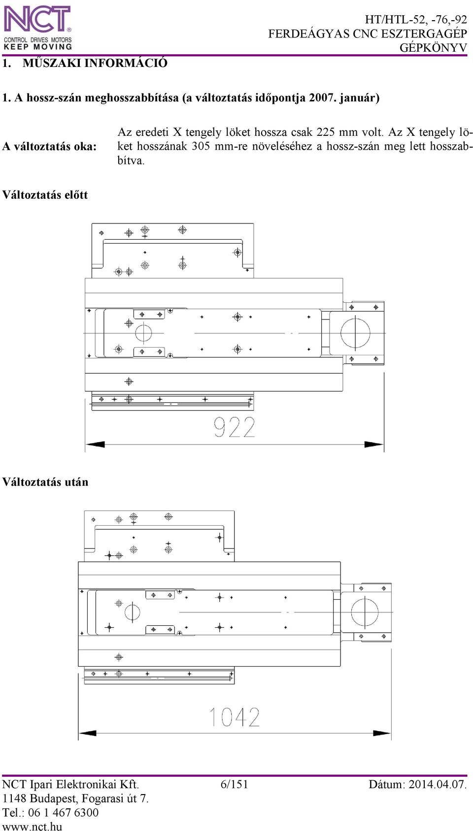 január) A változtatás oka: Az eredeti X tengely löket hossza csak 225 mm volt.