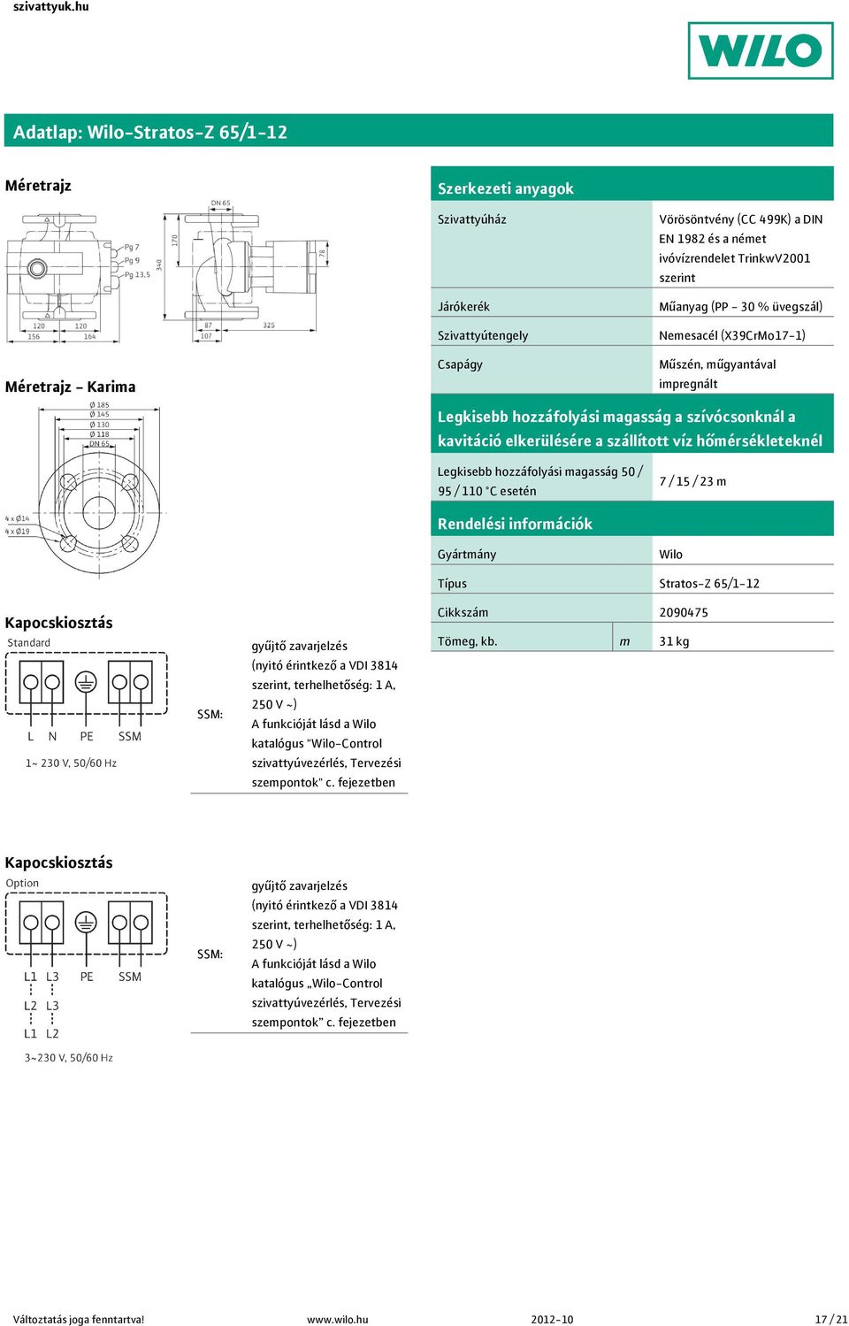 elkerülésére a szállított víz hőmérsékleteknél Legkisebb hozzáfolyási magasság 50 / 95 / 110 C esetén 7 / 15 / 23 m Rendelési információk Gyártmány Wilo Típus Stratos-Z 65/1-12