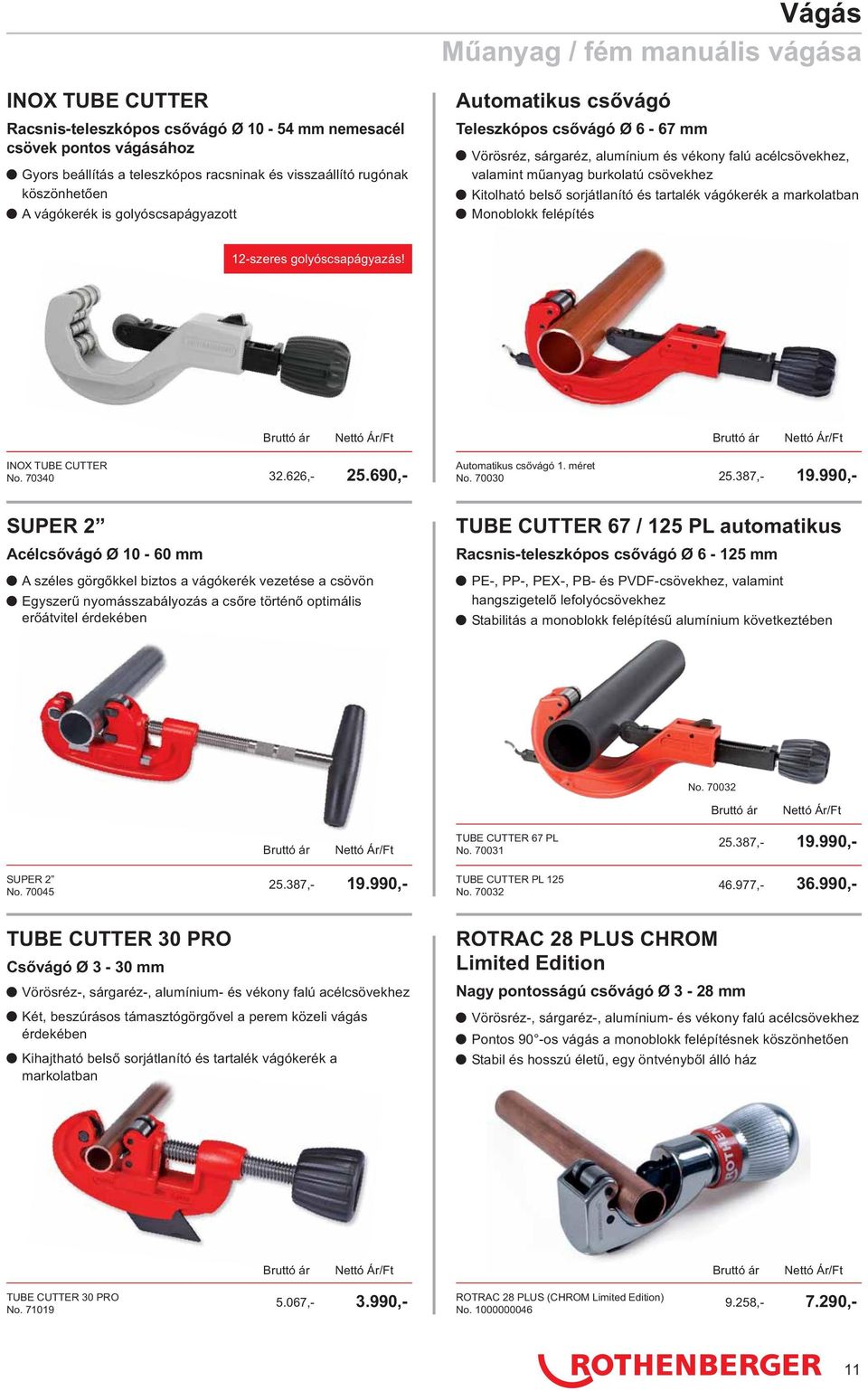 Kitolható belső sorjátlanító és tartalék vágókerék a markolatban n Monoblokk felépítés 12-szeres golyóscsapágyazás! INOX TUBE CUTTER No. 70340 32.626,- 25.690,- Automatikus csővágó 1. méret No.