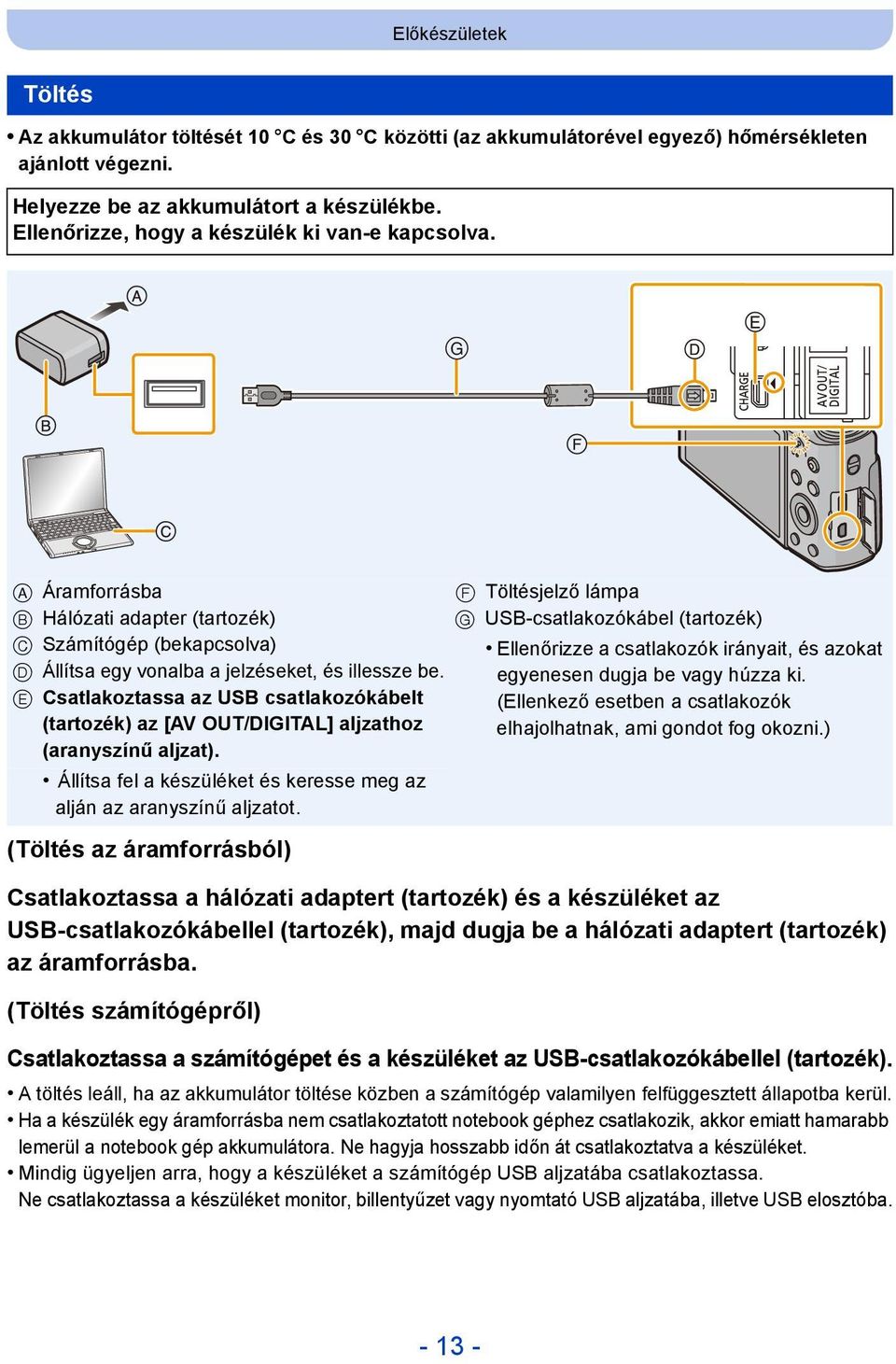 A Áramforrásba F Töltésjelző lámpa B Hálózati adapter (tartozék) G USB-csatlakozókábel (tartozék) C Számítógép (bekapcsolva) Ellenőrizze a csatlakozók irányait, és azokat D Állítsa egy vonalba a