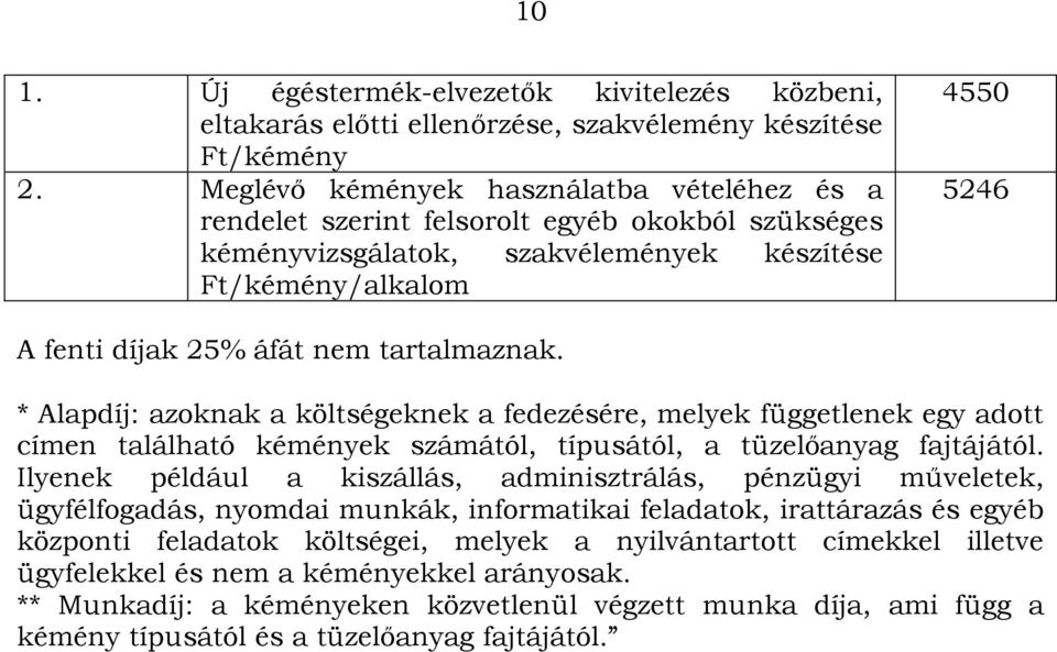 tartalmaznak. * Alapdíj: azoknak a költségeknek a fedezésére, melyek függetlenek egy adott címen található kémények számától, típusától, a tüzelőanyag fajtájától.