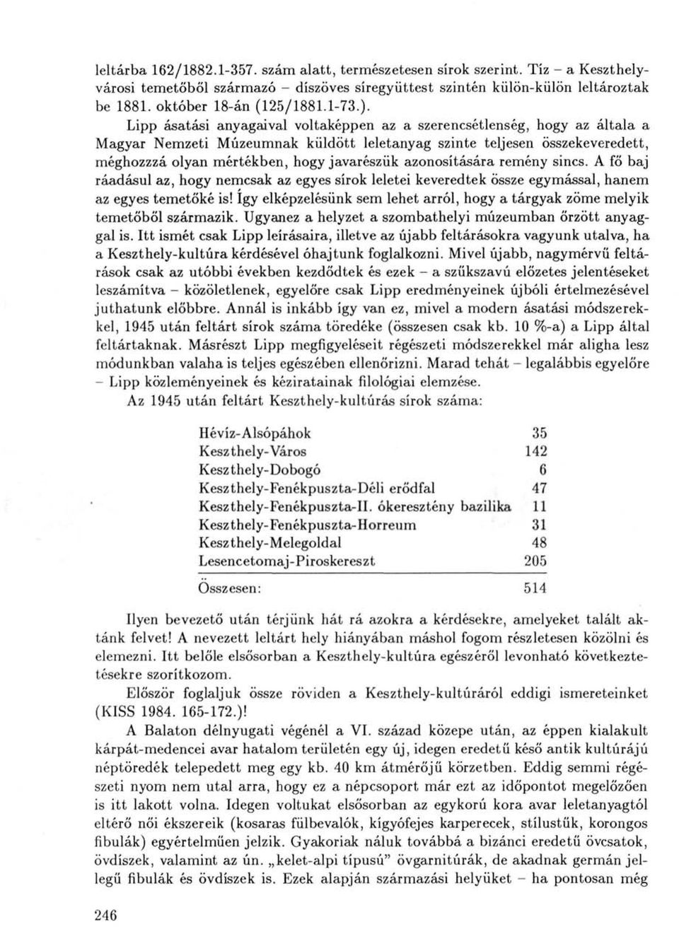 Lipp ásatási anyagaival voltaképpen az a szerencsétlenség, hogy az általa a Magyar Nemzeti Múzeumnak küldött leletanyag szinte teljesen összekeveredett, méghozzzá olyan mértékben, hogy javarészük