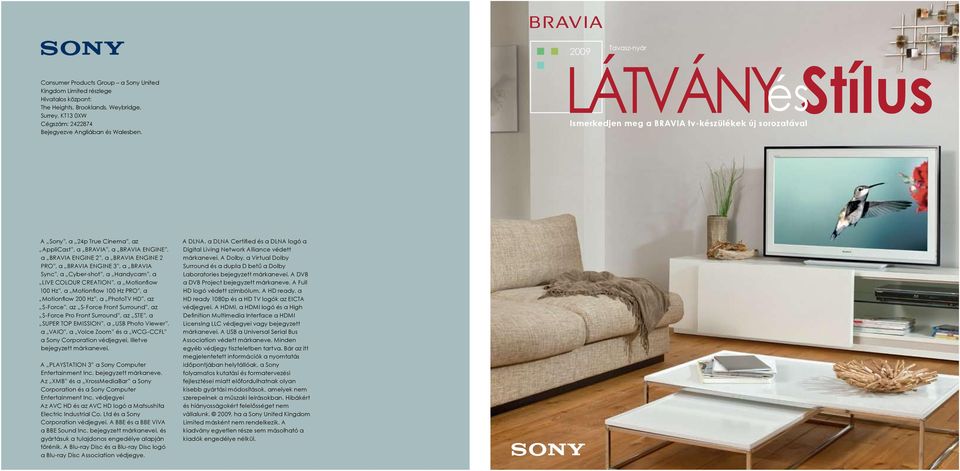 LÁTVÁNY ésstílus Ismerkedjen meg a BRAVIA tv-készülékek új sorozatával A Sony, a 24p True Cinema, az AppliCast, a BRAVIA, a BRAVIA ENGINE, a BRAVIA ENGINE 2, a BRAVIA ENGINE 2 PRO, a BRAVIA ENGINE 3,