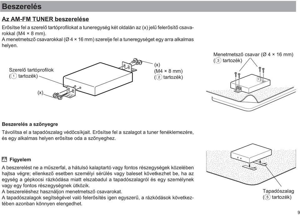 Szerelő tartóprofilok (1 tartozék) (x) (x) (M4 8 mm) (2 tartozék) Beszerelés a szőnyegre Távolítsa el a tapadószalag védőcsíkjait.