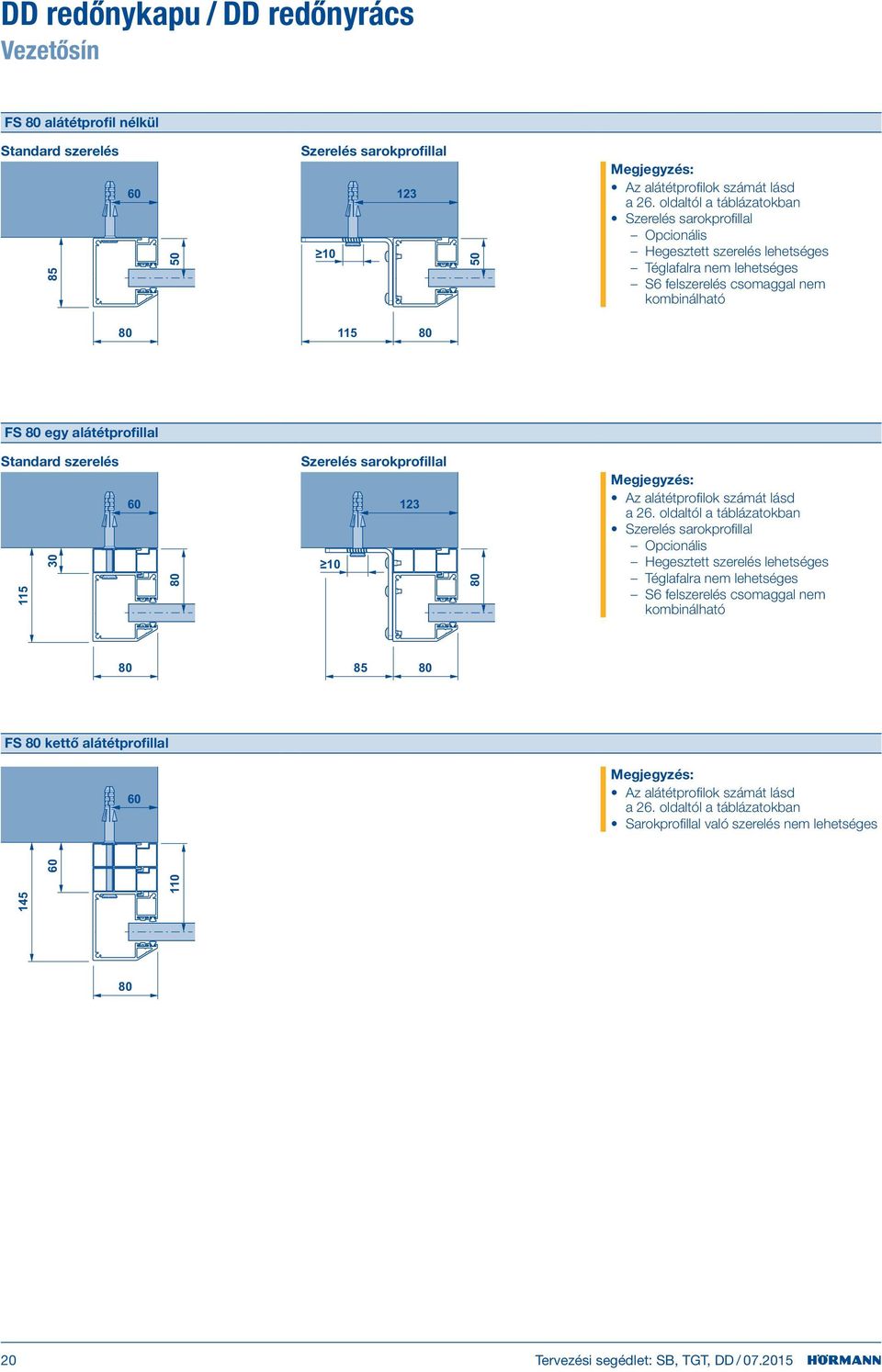 Standard szerelés 115 30 60 80 Szerelés sarokprofillal 10 123 80 Az alátétprofilok számát lásd a 26.