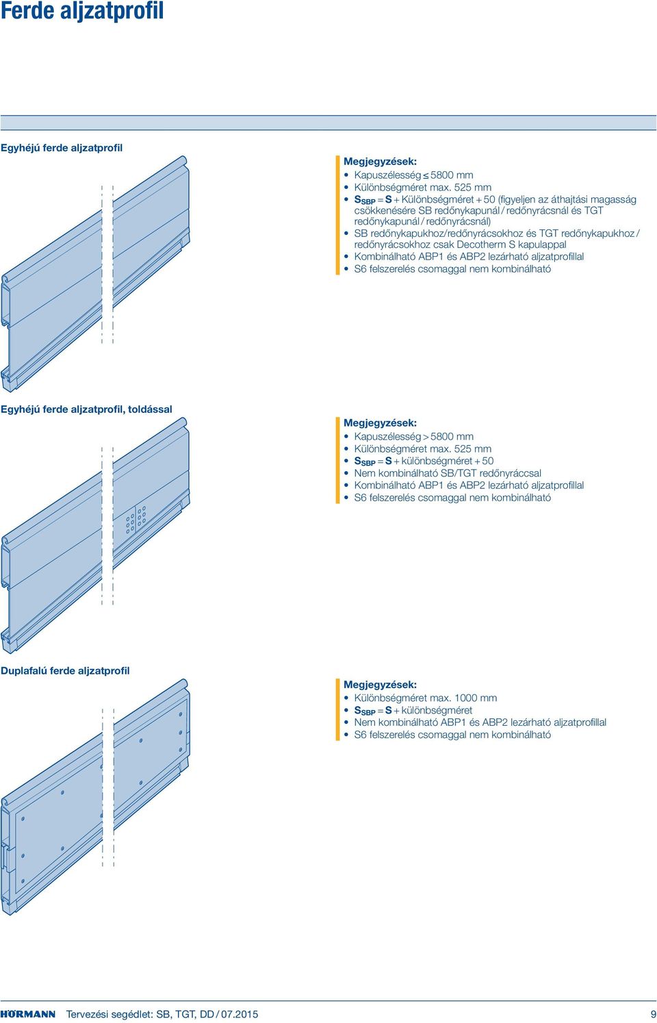 redőnykapukhoz / redőnyrácsokhoz csak Decotherm S kapulappal Kombinálható ABP1 és ABP2 lezárható aljzatprofillal S6 felszerelés csomaggal nem kombinálható Egyhéjú ferde aljzatprofil, toldással