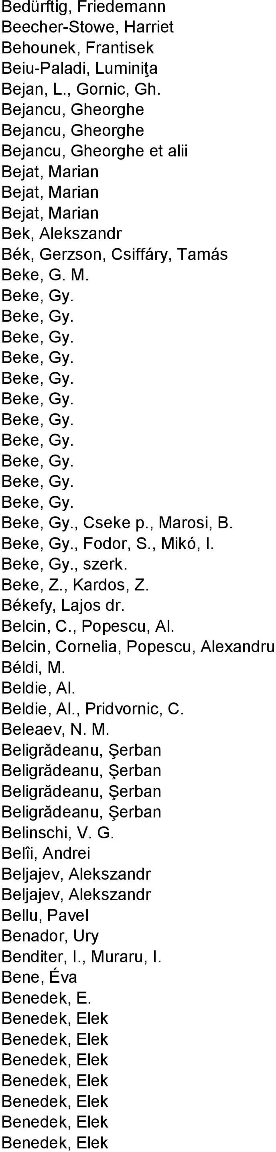 , Marosi, B. Beke, Gy., Fodor, S., Mikó, I. Beke, Gy., szerk. Beke, Z., Kardos, Z. Békefy, Lajos dr. Belcin, C., Popescu, Al. Belcin, Cornelia, Popescu, Alexandru Béldi, M. Beldie, Al. Beldie, Al., Pridvornic, C.