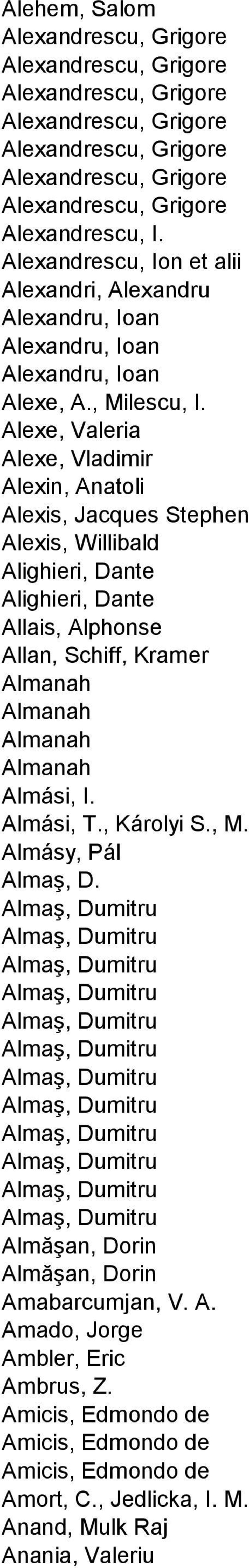 Alexe, Valeria Alexe, Vladimir Alexin, Anatoli Alexis, Jacques Stephen Alexis, Willibald Alighieri, Dante Alighieri, Dante Allais, Alphonse Allan, Schiff, Kramer Almanah Almanah Almanah Almanah