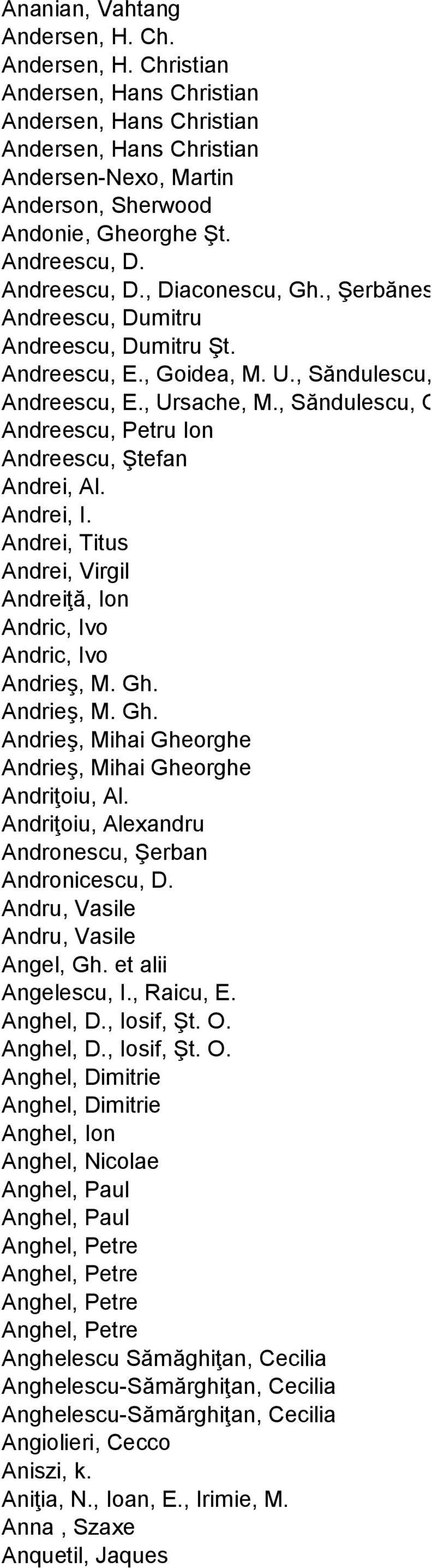 , Săndulescu, Goidea Săndulescu Andreescu, Petru Ion Andreescu, Ştefan Andrei, Al. Andrei, I. Andrei, Titus Andrei, Virgil Andreiţă, Ion Andric, Ivo Andric, Ivo Andrieş, M. Gh.