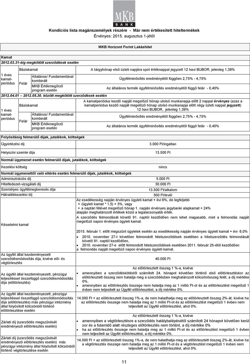 között megkötött szerződések 1 éves kamatperiódus Báziskamat Felár Általános/ Fundamentával kombinált MKB Értékmegőrző program 2,75% - 4,75% Az általános termék ügyfélminősítés eredményétől függő