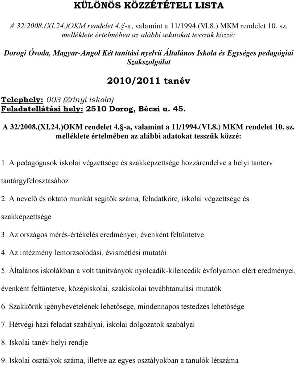 Feladatellátási hely: 2510 Dorog, Bécsi u. 45. A 32/2008.(XI.24.)OKM rendelet 4. -a, valamint a 11/1994.(VI.8.) MKM rendelet 10. sz. melléklete értelmében az alábbi adatokat tesszük közzé: 1.