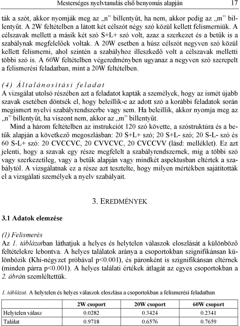 A 20W esetben a húsz célszót negyven szó közül kellett felismerni, ahol szintén a szabályhoz illeszkedő volt a célszavak melletti többi szó is.