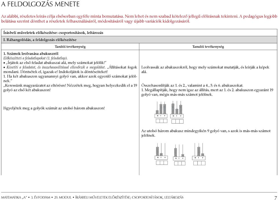 Ráhangolódás, a feldolgozás előkészítése Tanítói tevékenység 1. Számok leolvasása abakuszról Előkészítteti a feladatlapokat (1. feladatlap).