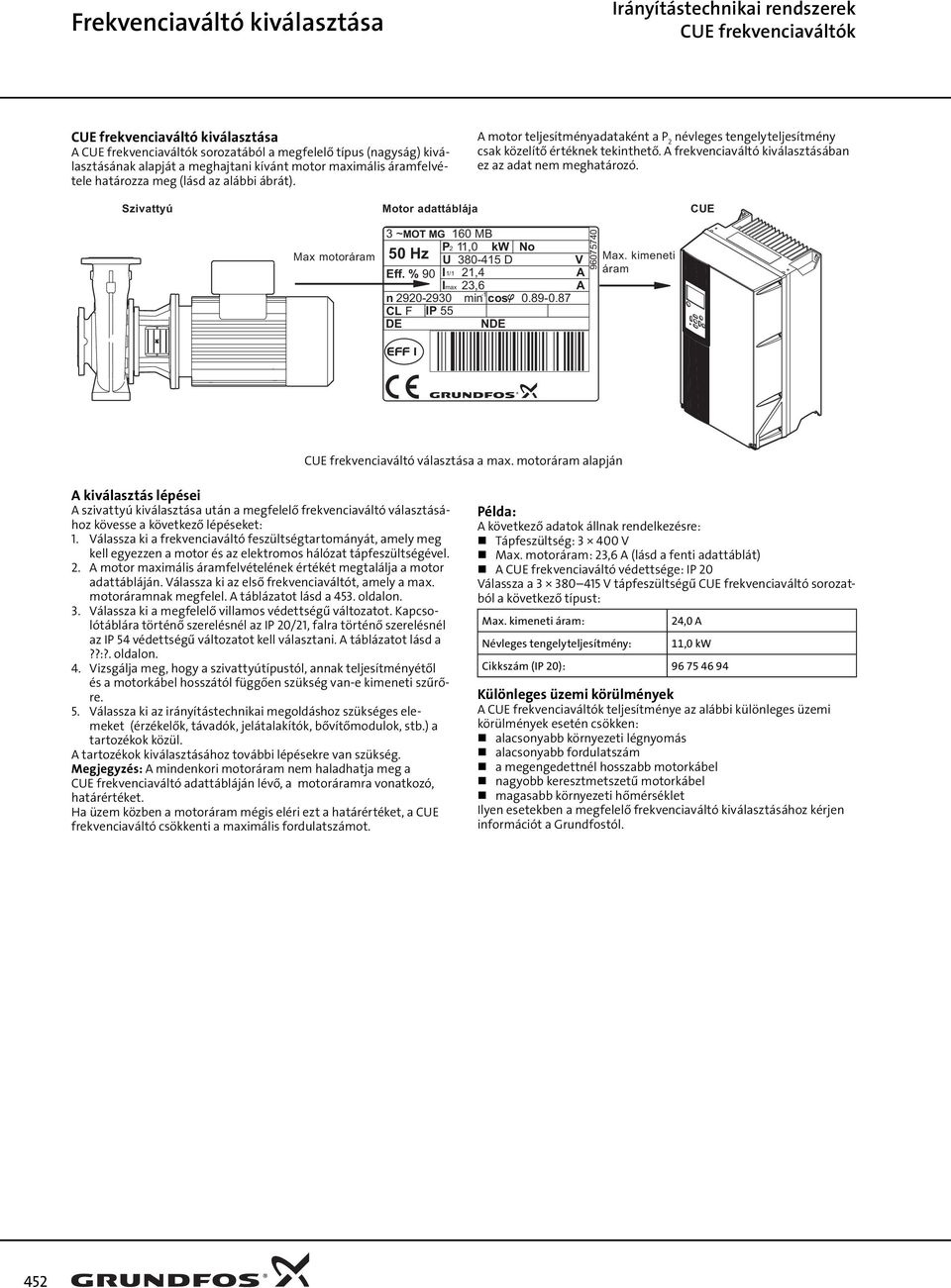 A frekvenciaváltó kiválasztásában ez az adat nem meghatározó. Szivattyú Motor adattáblája Max motoráram 3 ~MOT MG 160 MB P 2 11,0 kw No 50 Hz U 380-415 D V Eff.