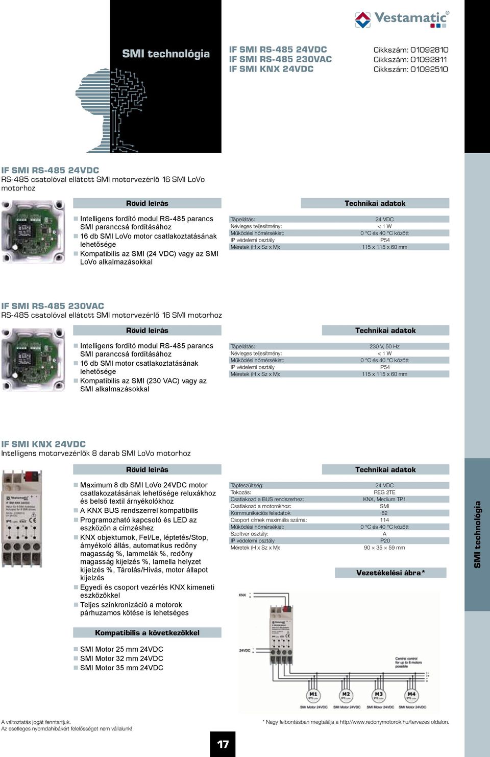 24 VDC < 1 W IP54 115 x 115 x 60 mm IF SMI RS-485 230VC RS-485 csatolóval ellátott SMI motorvezérlő 16 SMI motorhoz Intelligens fordító modul RS-485 parancs SMI paranccsá fordításához 16 db SMI motor