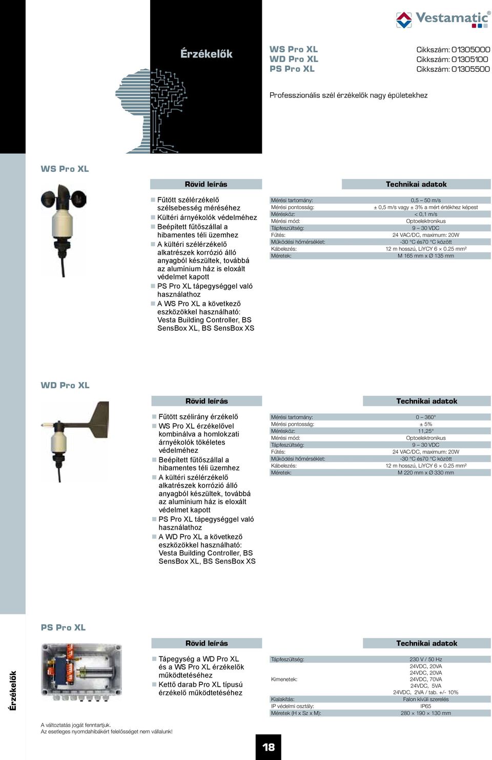 Pro XL tápegységgel való használathoz WS Pro XL a következő eszközökkel használható: Vesta Building Controller, BS SensBox XL, BS SensBox XS Mérési tartomány: Mérési pontosság: Mérésköz: Mérési mód: