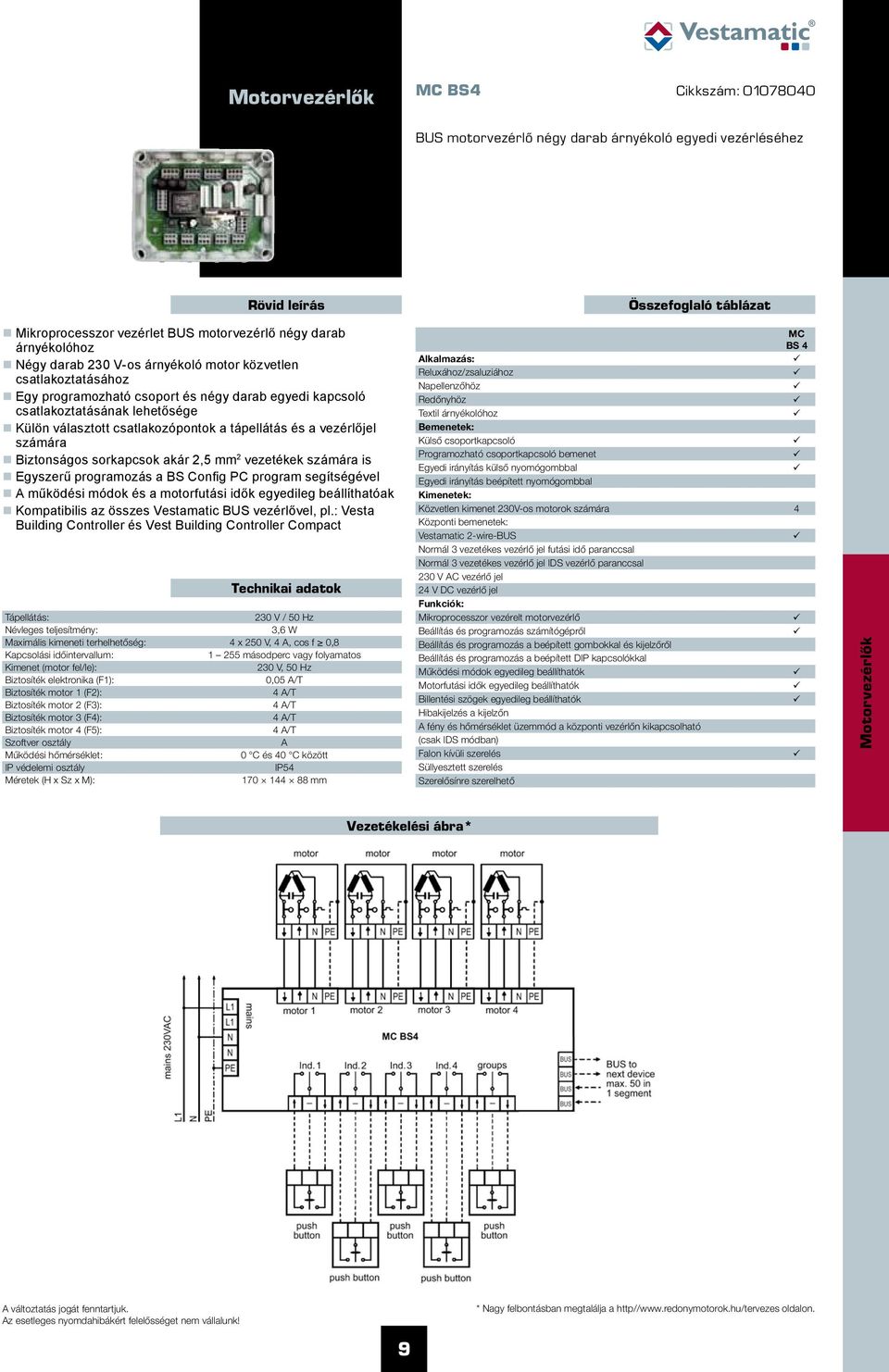 vezérlőjel számára Biztonságos sorkapcsok akár 2,5 mm 2 vezetékek számára is Egyszerű programozás a BS Config PC program segítségével működési módok és a motorfutási idők egyedileg beállíthatóak