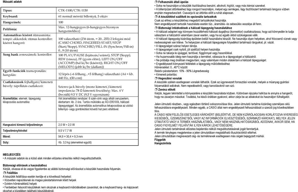 normál méretű billentyű, 5 oktáv Max. 12-hangjegyes (6-hangjegyes bizonyos hangszínekhez) 100 választható (236 ütem, = 20.