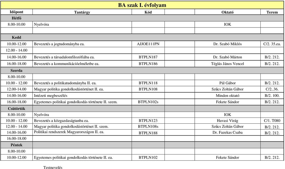 ea. BTPLN108 Szőcs Zoltán Gábor C/2..36. 14.00-16.00 Intézeti megbeszélés Minden oktató B/2. 100. Egyetemes politikai gondolkodás története II. szem. BTPLN102s Fekete Sándor B/2. 212. Nyelvóra IOK 10.