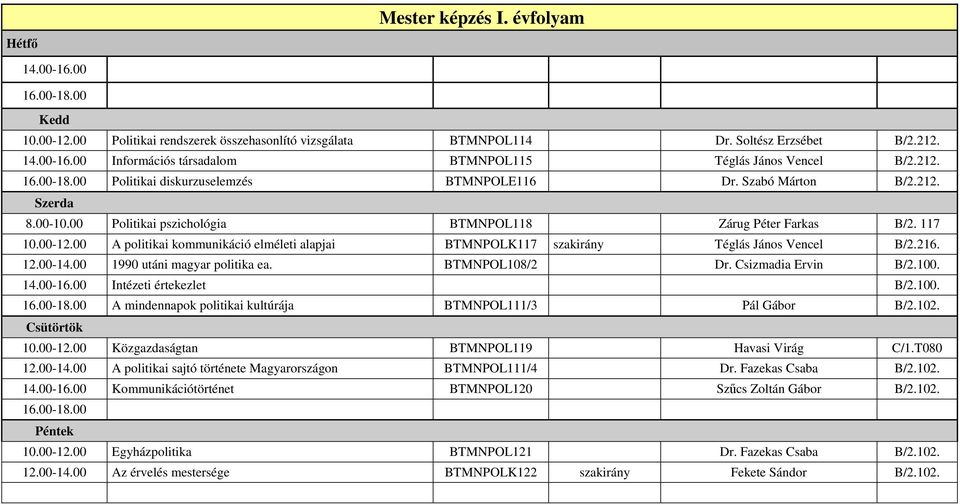 1990 utáni magyar politika ea. BTMNPOL108/2 Dr. Csizmadia Ervin B/2.100. 14.00-16.00 Intézeti értekezlet B/2.100. A mindennapok politikai kultúrája BTMNPOL111/3 Pál Gábor B/2.102.
