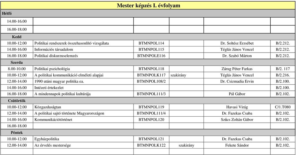 1990 utáni magyar politika ea. BTMNPOL108/2 Dr. Csizmadia Ervin B/2.100. 14.00-16.00 Intézeti értekezlet B/2.100. A mindennapok politikai kultúrája BTMNPOL111/3 Pál Gábor B/2.102.