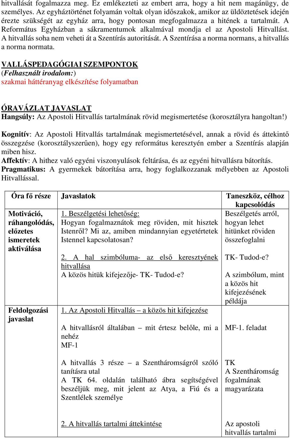 A Református Egyházban a sákramentumok alkalmával mondja el az Apostoli Hitvallást. A hitvallás soha nem veheti át a Szentírás autoritását. A Szentírása a norma normans, a hitvallás a norma normata.