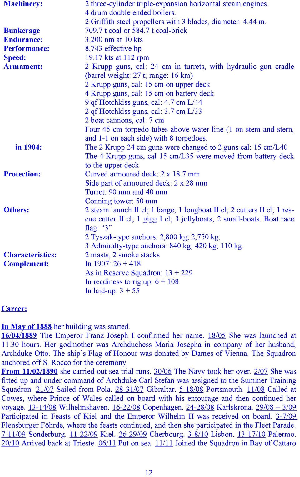 17 kts at 112 rpm 2 Krupp guns, cal: 24 cm in turrets, with hydraulic gun cradle (barrel weight: 27 t; range: 16 km) 2 Krupp guns, cal: 15 cm on upper deck 4 Krupp guns, cal: 15 cm on battery deck 9