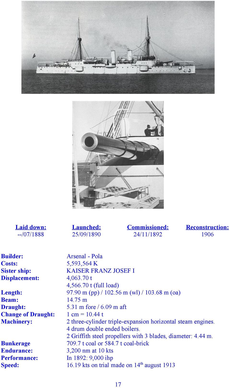 56 m (wl) / 103.68 m (oa) 14.75 m 5.31 m fore / 6.09 m aft 1 cm = 10.44 t 2 three-cylinder triple-expansion horizontal steam engines. 4 drum double ended boilers.