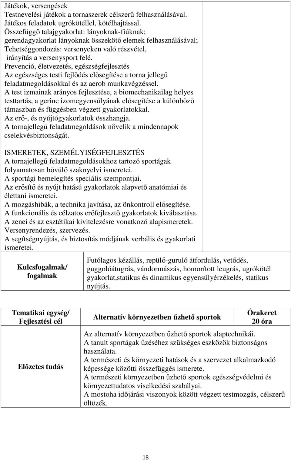 Prevenció, életvezetés, egészségfejlesztés Az egészséges testi fejlődés elősegítése a torna jellegű feladatmegoldásokkal és az aerob munkavégzéssel.