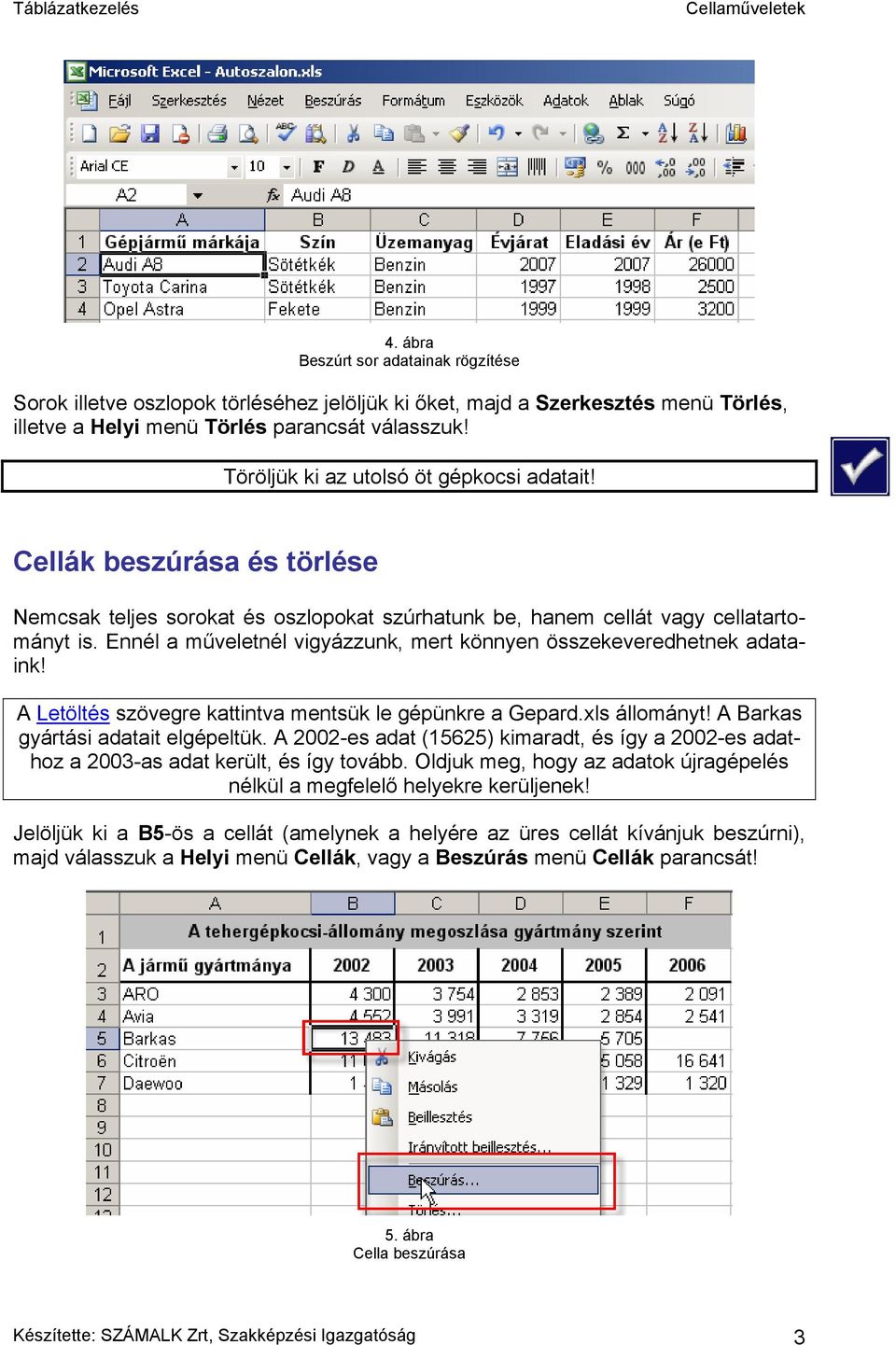 Ennél a műveletnél vigyázzunk, mert könnyen összekeveredhetnek adataink! A Letöltés szövegre kattintva mentsük le gépünkre a Gepard.xls állományt! A Barkas gyártási adatait elgépeltük.