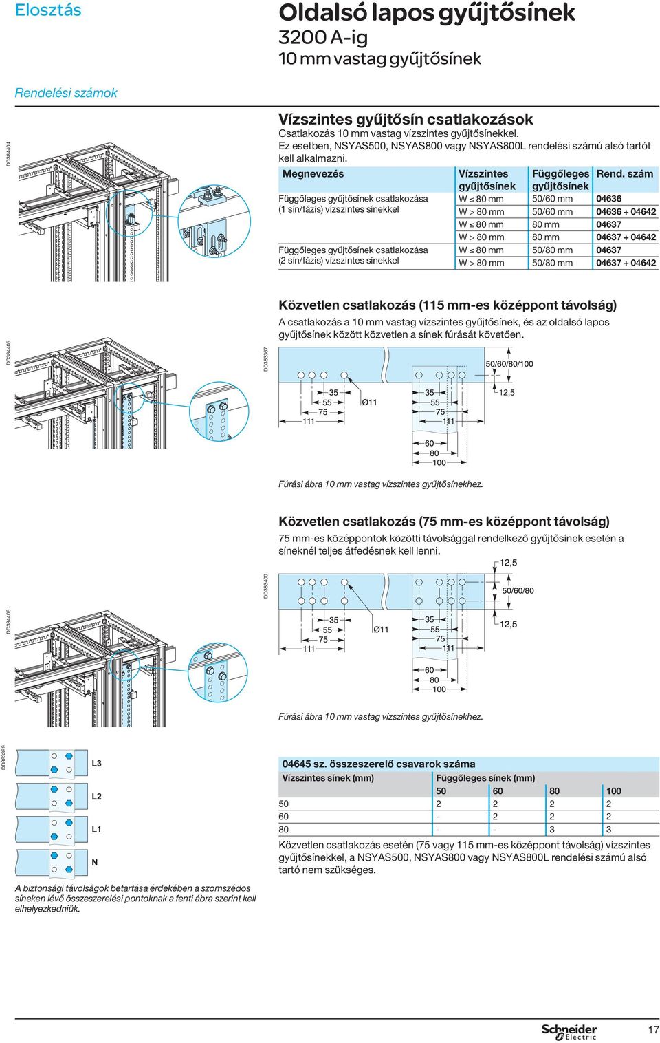 Függőleges gyűjtősínek csatlakozása (1 sín/fázis) vízszintes sínekkel Függőleges gyűjtősínek csatlakozása (2 sín/fázis) vízszintes sínekkel Vízszintes gyűjtősínek Függőleges gyűjtősínek W 80 mm 50/60