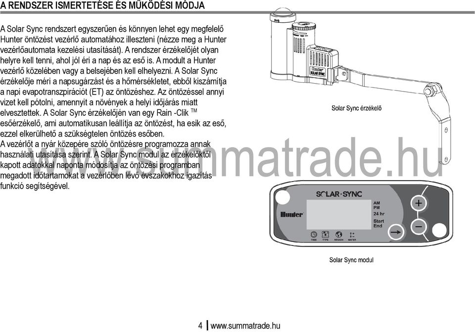 A Solar Sync érzékelője méri a napsugárzást és a hőmérsékletet, ebből kiszámítja a napi evapotranszpirációt (ET) az öntözéshez.