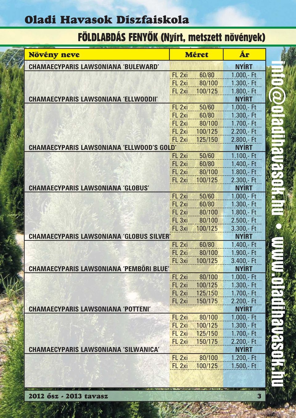 800,- Ft FL 2xi 100/125 2.300,- Ft CHAMAECYPARIS LAWSONIANA GLOBUS FL 2xi 50/60 1.000,- Ft FL 2xi 80/100 1.800,- Ft FL 3xi 80/100 2.500,- Ft FL 3xi 100/125 3.