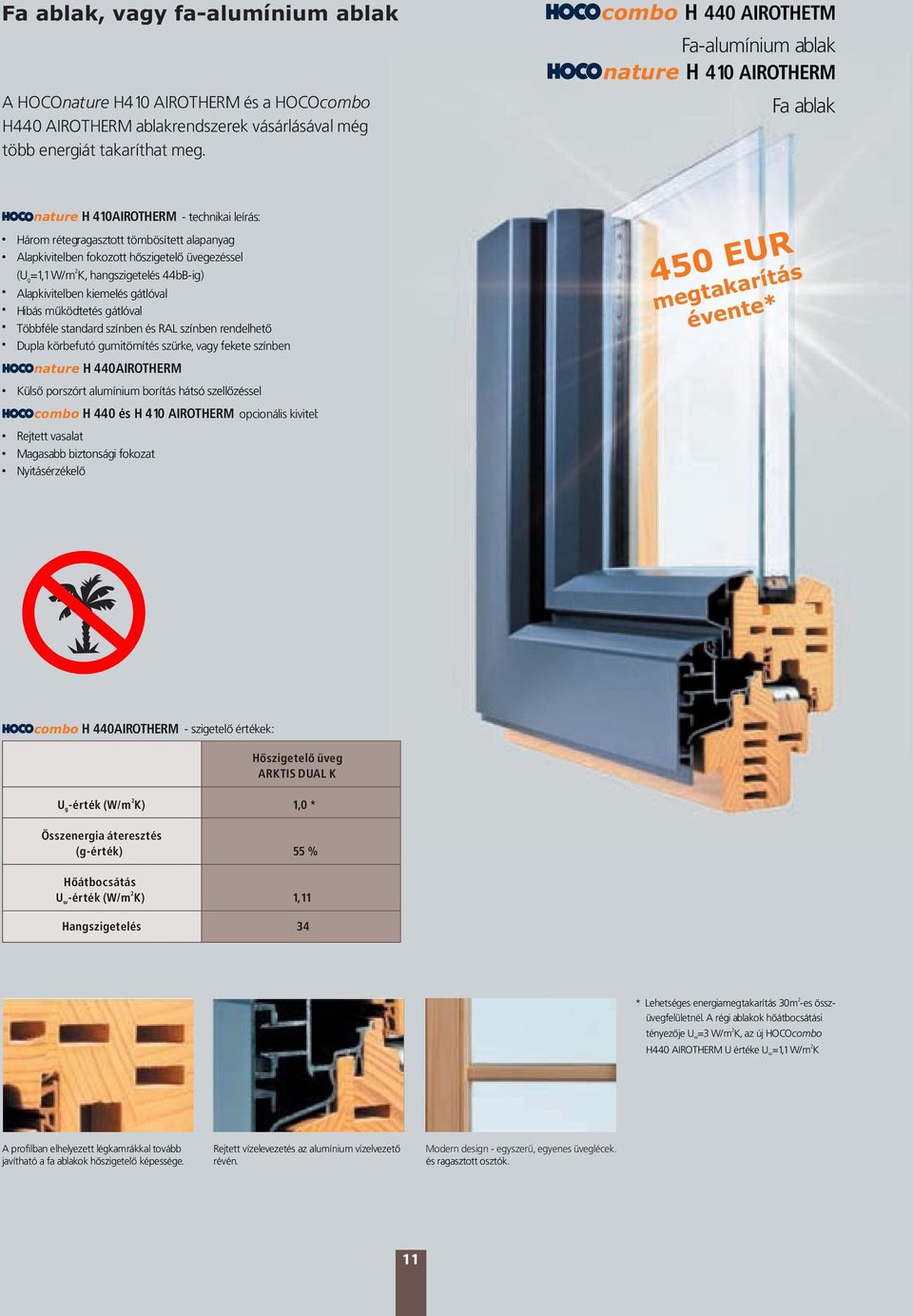 Fa ablak nature H 410AIROTHERM - technikai leírás: EURs 0 5 4 arítá Három rétegragasztott tömbösített alapanyag Alapkivitelben fokozott hőszigetelő üvegezéssel (Ug=1,1 W/m2K, hangszigetelés 44bB-ig)