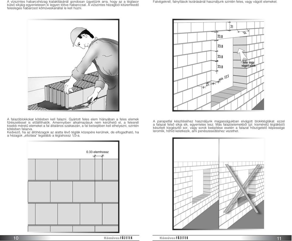 A falazóblokkokat kötésben kell falazni. Gyártott feles elem hiányában a feles elemek fûrészeléssel is elõállíthatók.