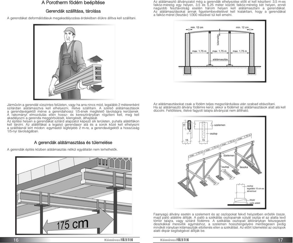 esetén három helyen kell alátámasztani a gerendákat. Az alátámasztásokat annak figyelembevételével kell kialakítani, hogy a gerendákat a falköz-méret (fesztáv) 1/300 részével túl kell emelni.