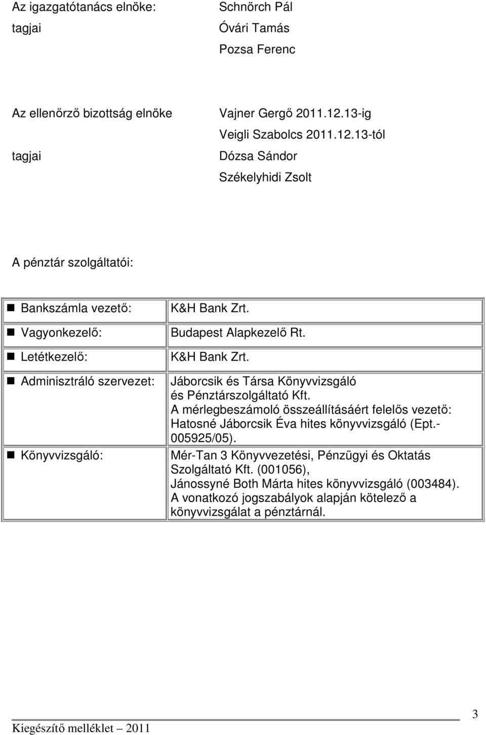 13-tól Dózsa Sándor Székelyhidi Zsolt A pénztár szolgáltatói: Bankszámla vezető: Vagyonkezelő: Letétkezelő: Adminisztráló szervezet: Könyvvizsgáló: K&H Bank Zrt.