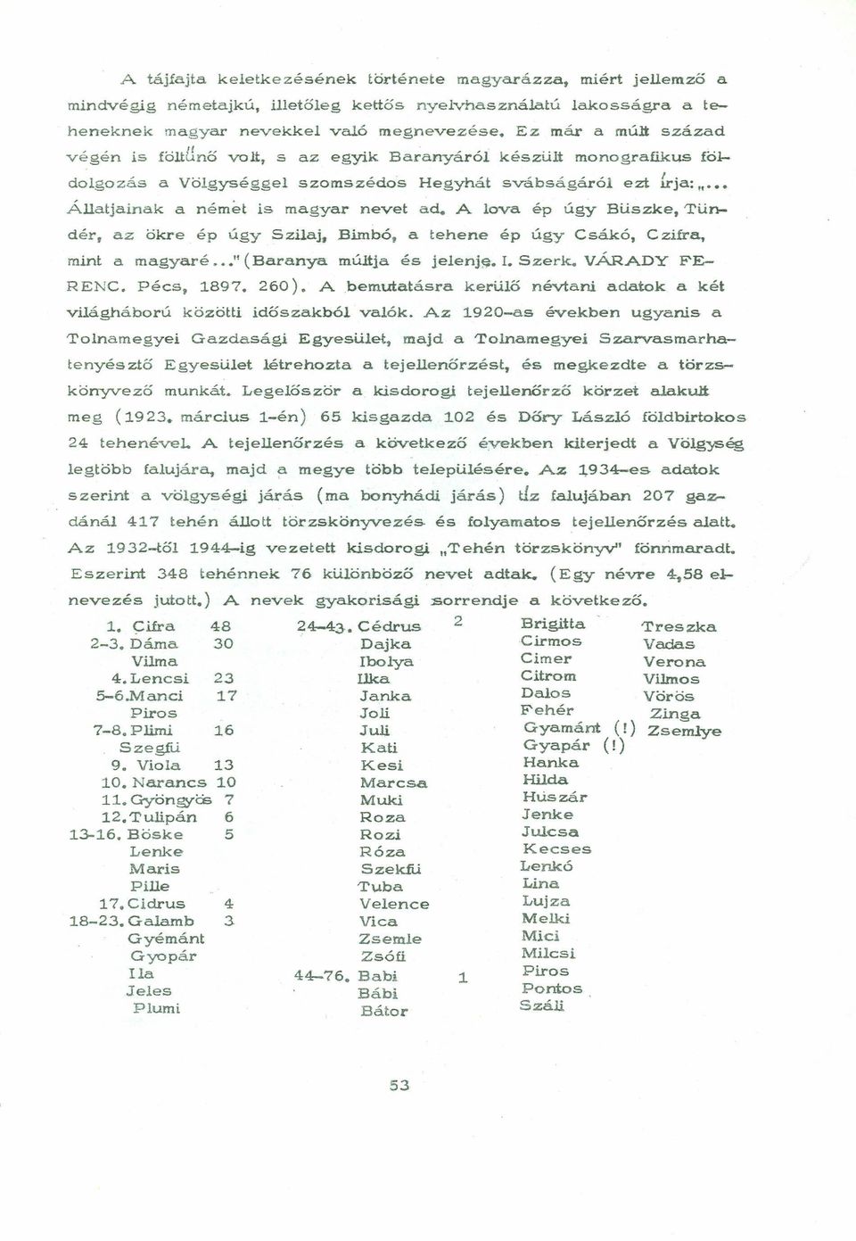 A lova ép úgy Büszke, Tündér. az ökre ép úgy Szilaj, Bimbó, a tehene ép úgy Csákó. Czifra. mint a magyaré.. " (Baranya múltja és jelenj!;l. I. Szerk. várady FE- RENC. Pécs, ~897. 260).