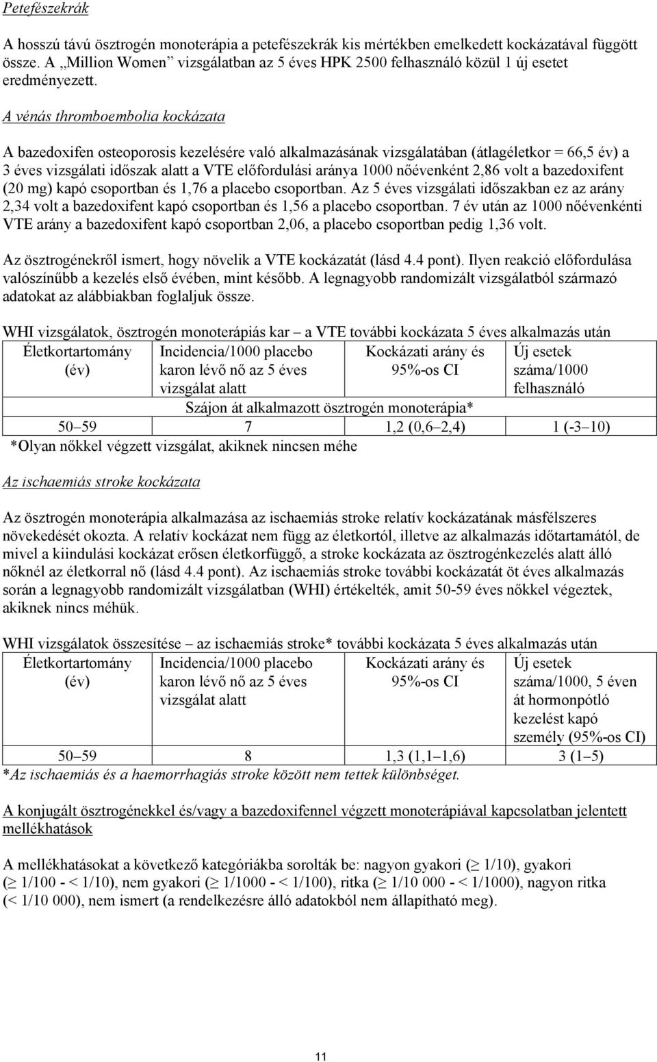 A vénás thromboembolia kockázata A bazedoxifen osteoporosis kezelésére való alkalmazásának vizsgálatában (átlagéletkor = 66,5 év) a 3 éves vizsgálati időszak alatt a VTE előfordulási aránya 1000