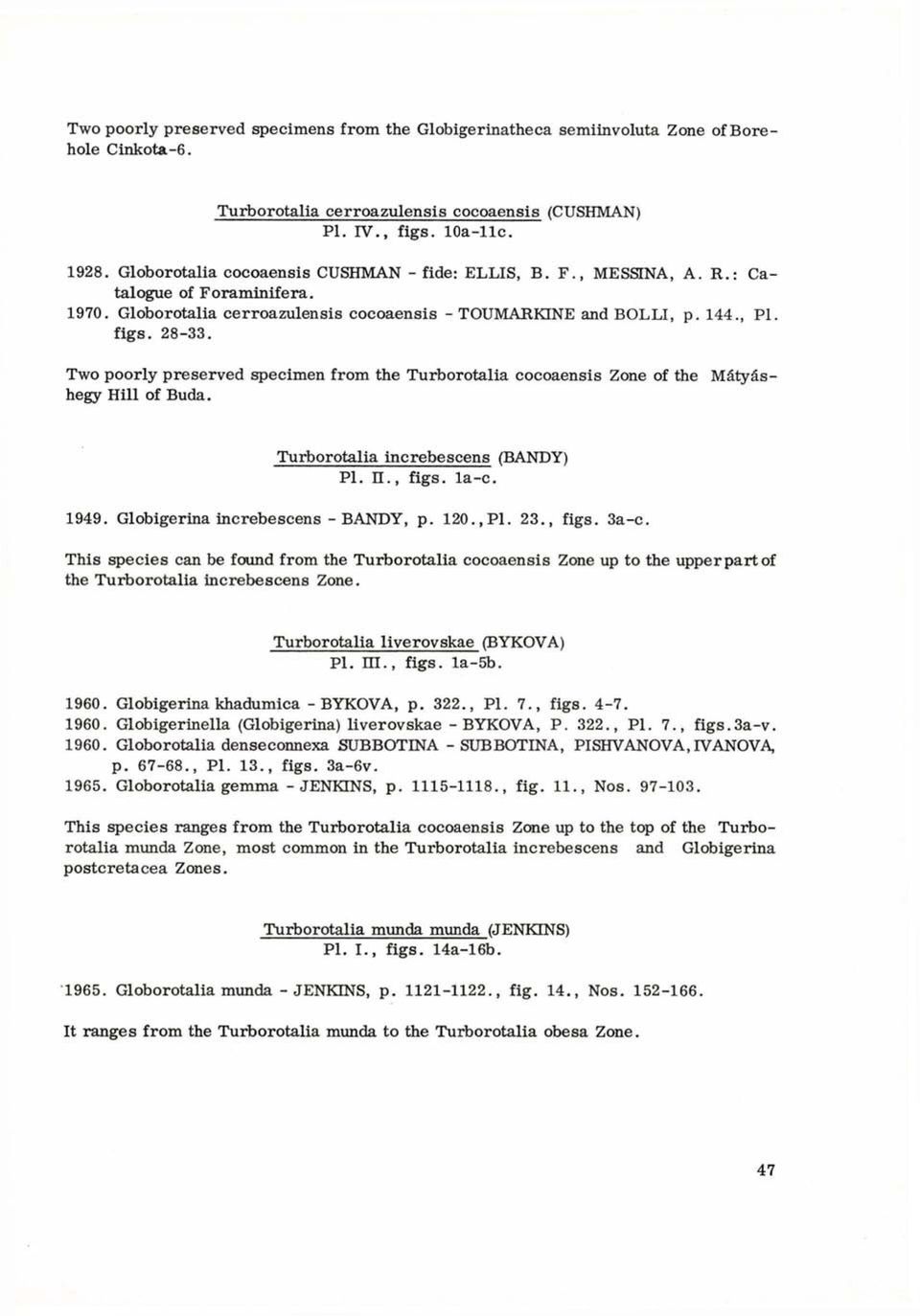Mátyás Two poorly preserved specimen from the Turborotalia cocoaensis Zone of the hegy Hill of Buda. Turborotalia increbescens (BANDY) PI. n., figs. la-c. 1949. Globigerina increbescens - BANDY, p.