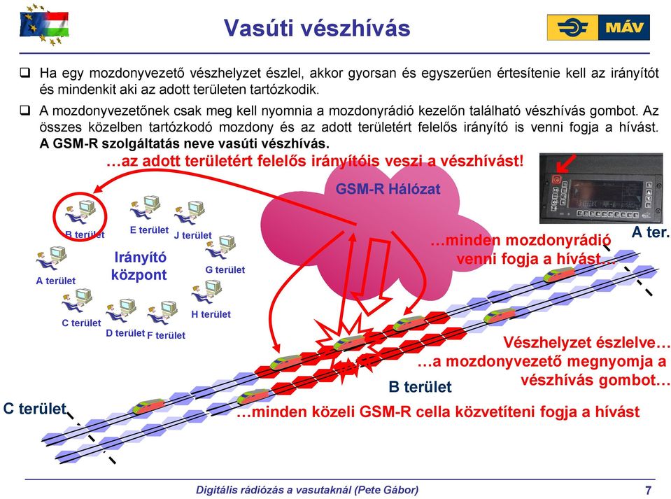 A GSM-R szolgáltatás neve vasúti vészhívás. az adott területért felelős irányítóis veszi a vészhívást!